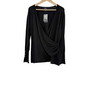 NWT Marble UK Black Faux‎ Wrap Front Top XL Long Sleeve Button Detail
